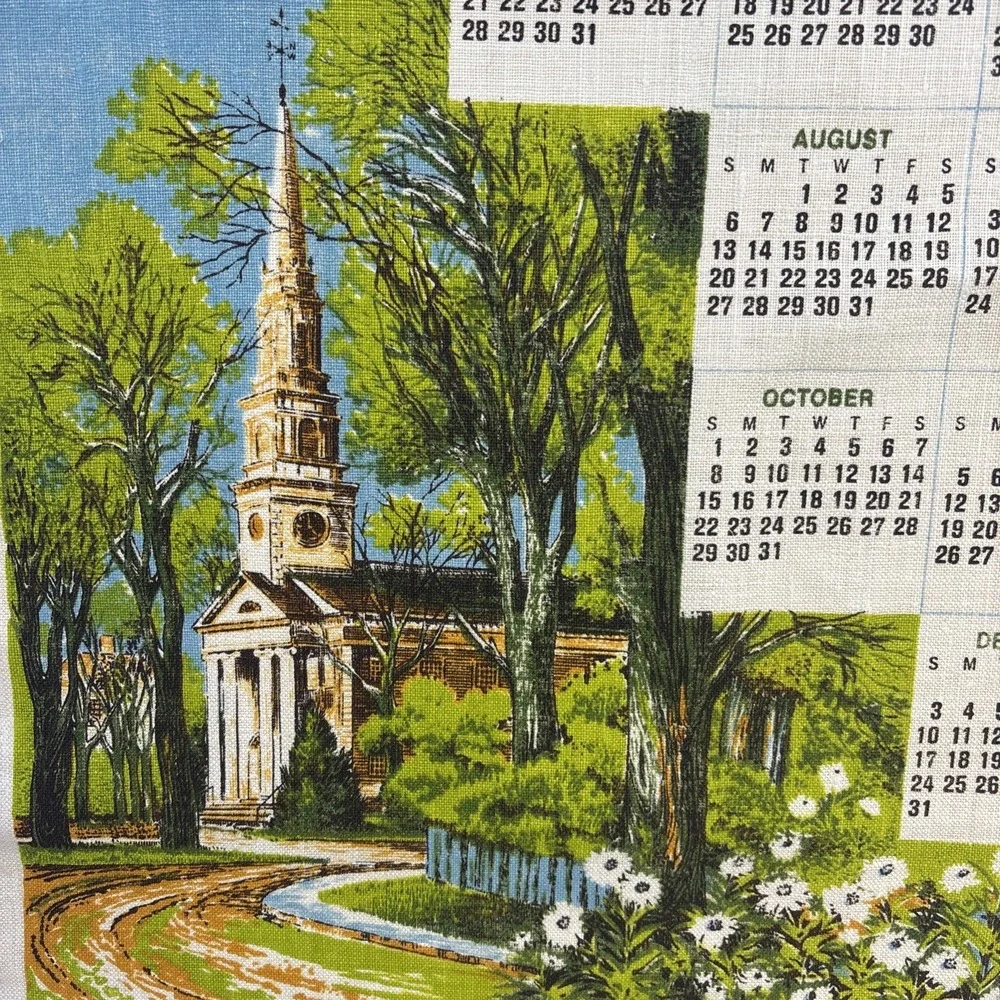 Vintage 1978 Kitchen Tea Towel Hanging Calendar God Grant Me Church Trees Flower